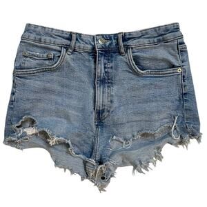 Zara Denim Shorts Womens Size 8 High Rise Distress Cut Off Raw Edge Boho Hippie